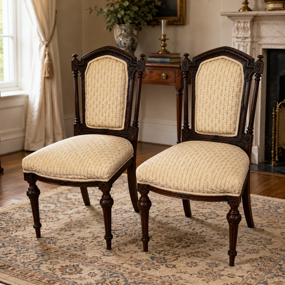 Pair of Antique Louis XVI Style Mahogany Dining Chairs | Upholstered Seats