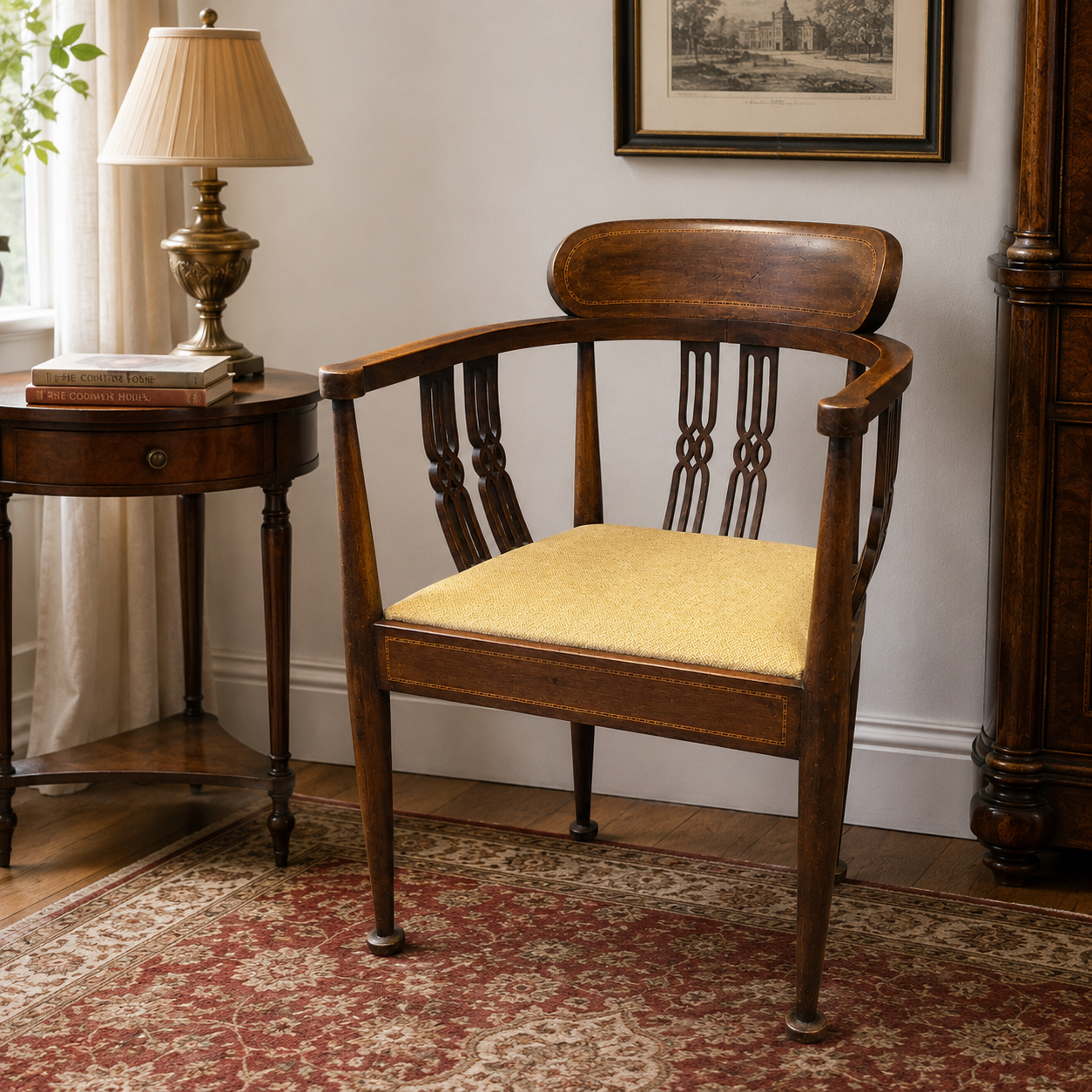 Antique Edwardian Mahogany Tub Chair Inlaid Armchair Bedroom Desk Seat