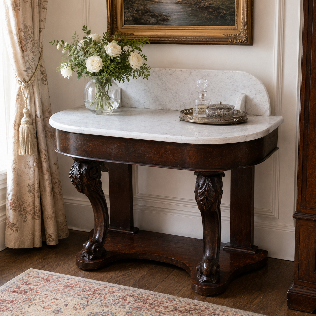 Antique Victorian Marble Top Console Table In Solid Mahogany