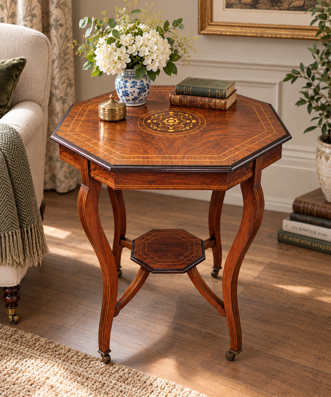 Antique Victorian Rosewood Inlaid Side Table with Octagonal Top c.1890