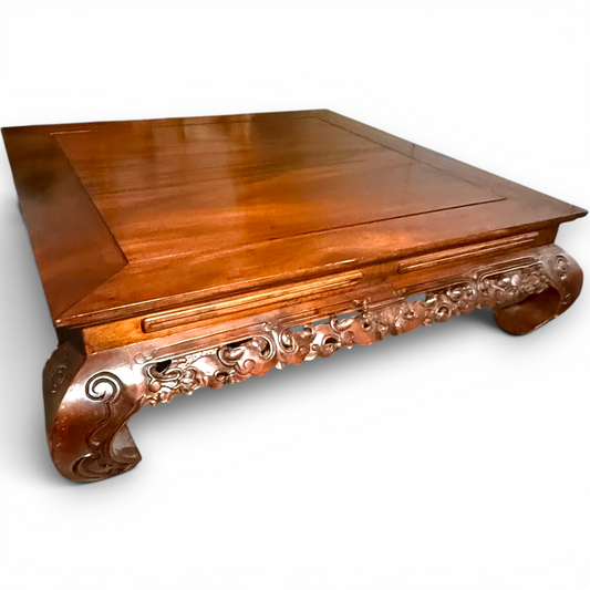 Vintage Chinese Rosewood Low Coffee Table with Ornately Carved Base
