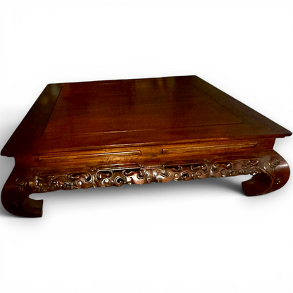 Vintage Chinese Rosewood Low Coffee Table with Ornately Carved Base