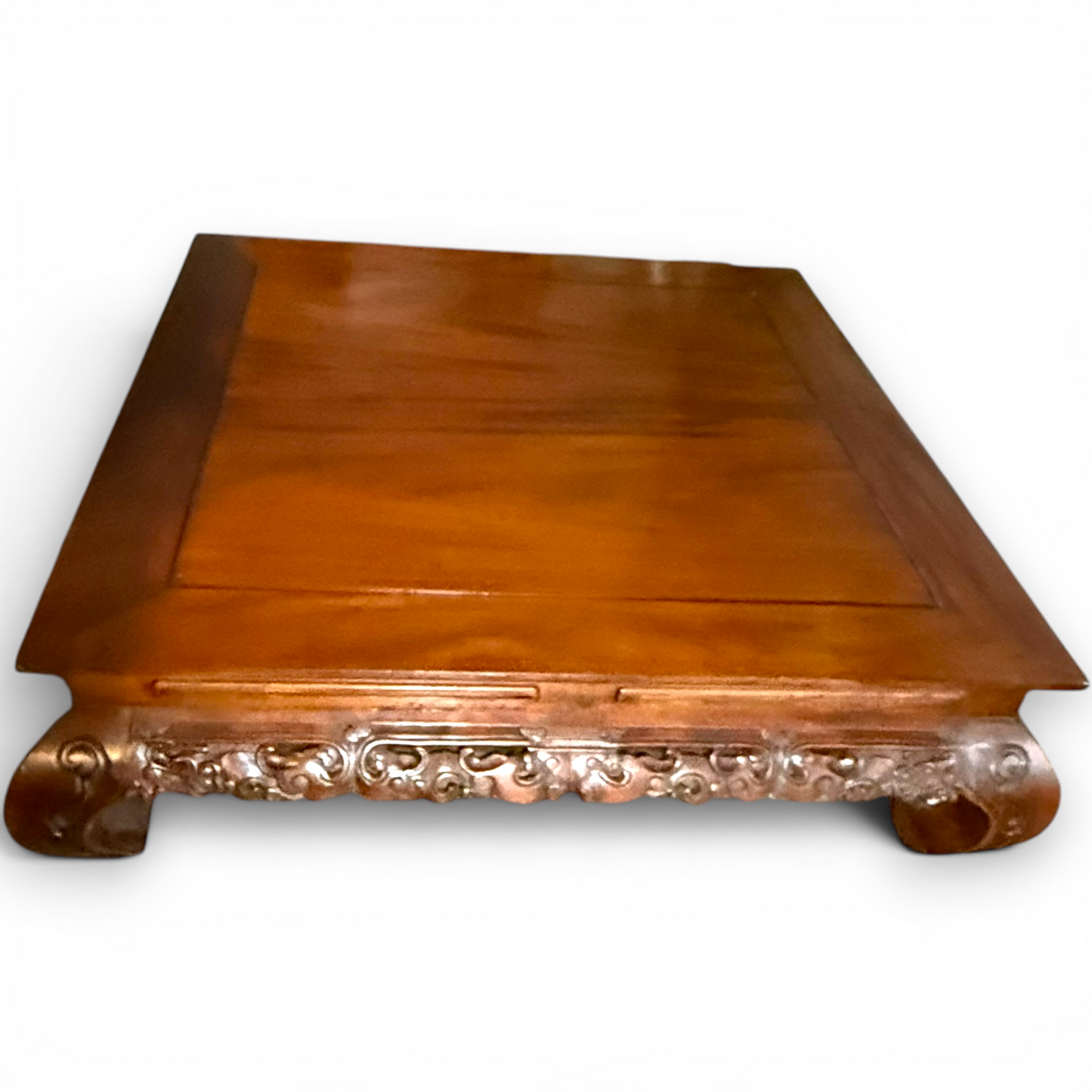Vintage Chinese Rosewood Low Coffee Table with Ornately Carved Base