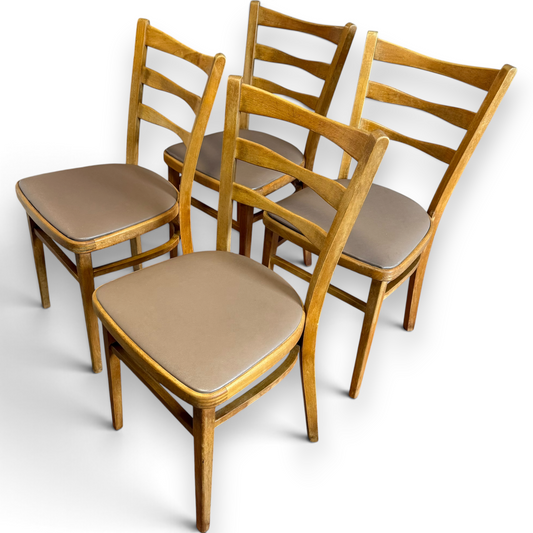 Set of Four Mid-Century Beech Ladder Back Dining Chairs with Bentwood Detail