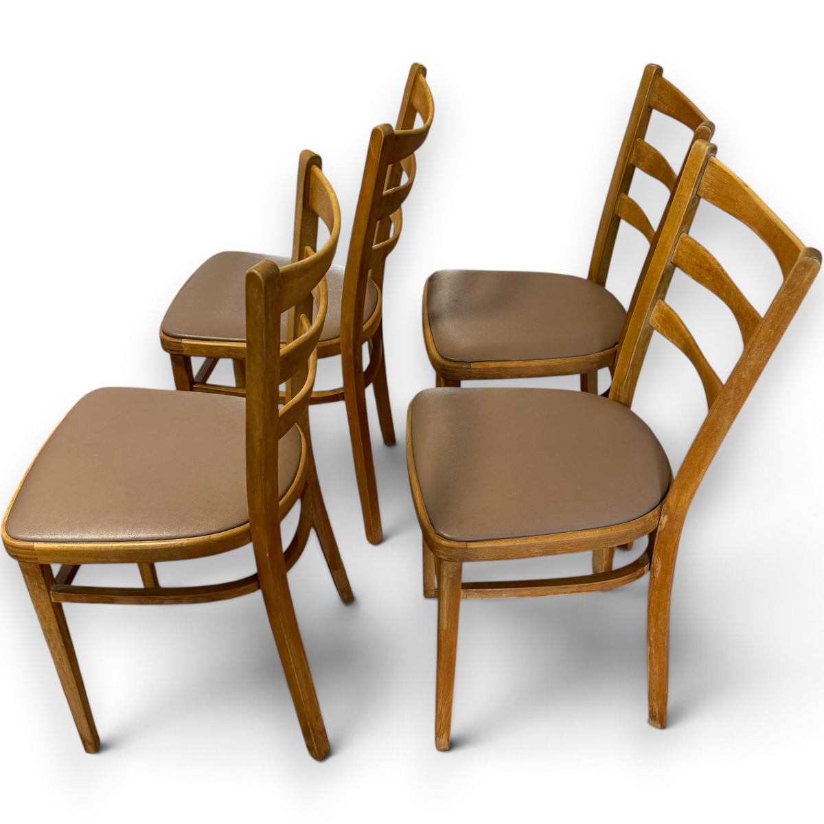 Set of Four Mid-Century Beech Ladder Back Dining Chairs with Bentwood Detail