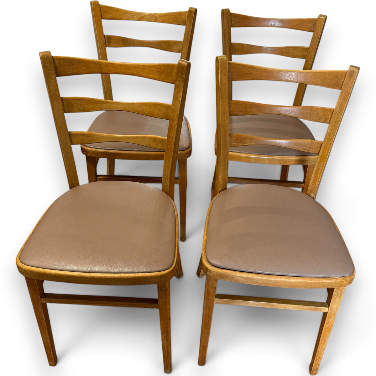 Set of Four Mid-Century Beech Ladder Back Dining Chairs with Bentwood Detail