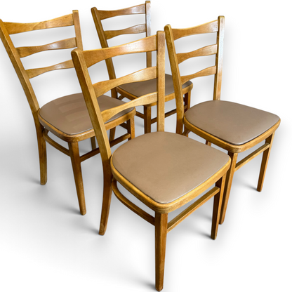 Set of Four Mid-Century Beech Ladder Back Dining Chairs with Bentwood Detail