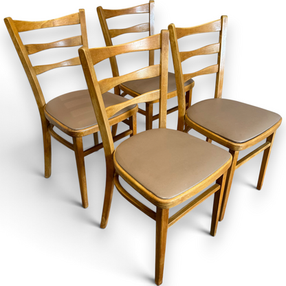 Set of Four Mid-Century Beech Ladder Back Dining Chairs with Bentwood Detail