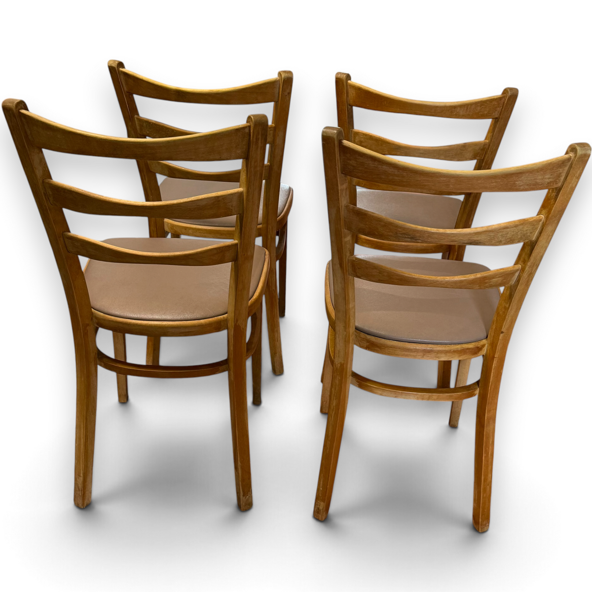 Set of Four Mid-Century Beech Ladder Back Dining Chairs with Bentwood Detail