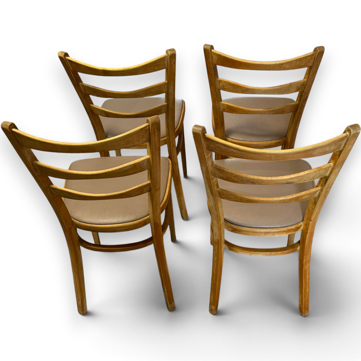 Set of Four Mid-Century Beech Ladder Back Dining Chairs with Bentwood Detail