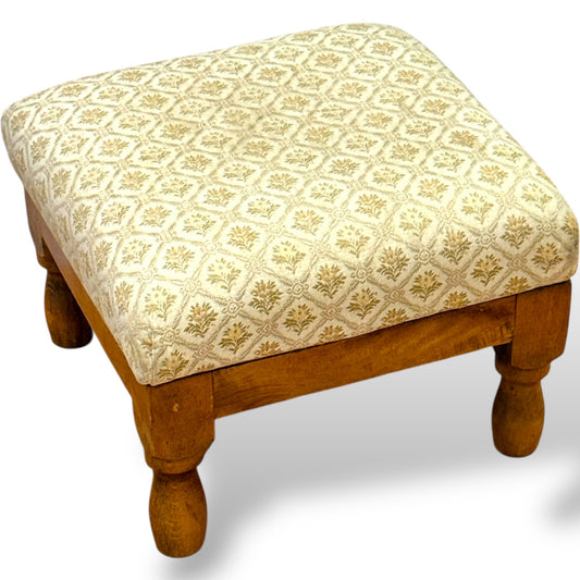 Vintage Upholstered Footstool with Turned Wooden Legs