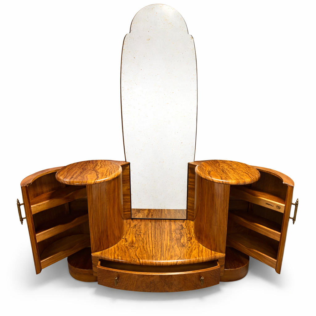 Shrager Art Deco Burr Walnut Dressing Table with Mirror & Curved Side Cabinets | 1930s