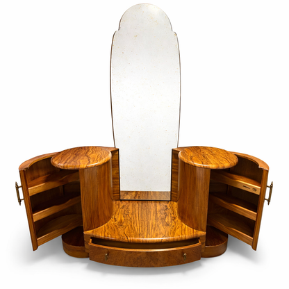 Shrager Art Deco Burr Walnut Dressing Table with Mirror & Curved Side Cabinets | 1930s