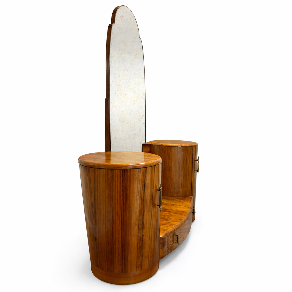 Shrager Art Deco Burr Walnut Dressing Table with Mirror & Curved Side Cabinets | 1930s