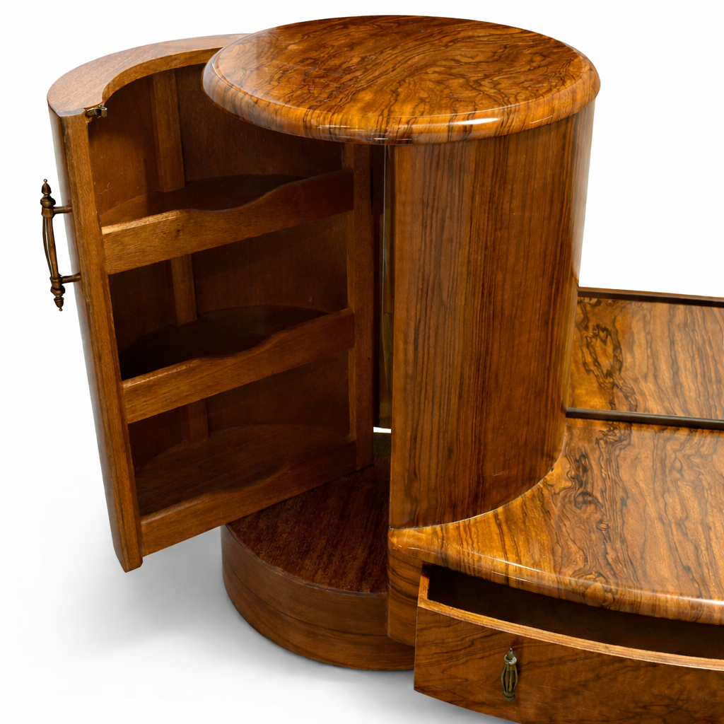 Shrager Art Deco Burr Walnut Dressing Table with Mirror & Curved Side Cabinets | 1930s