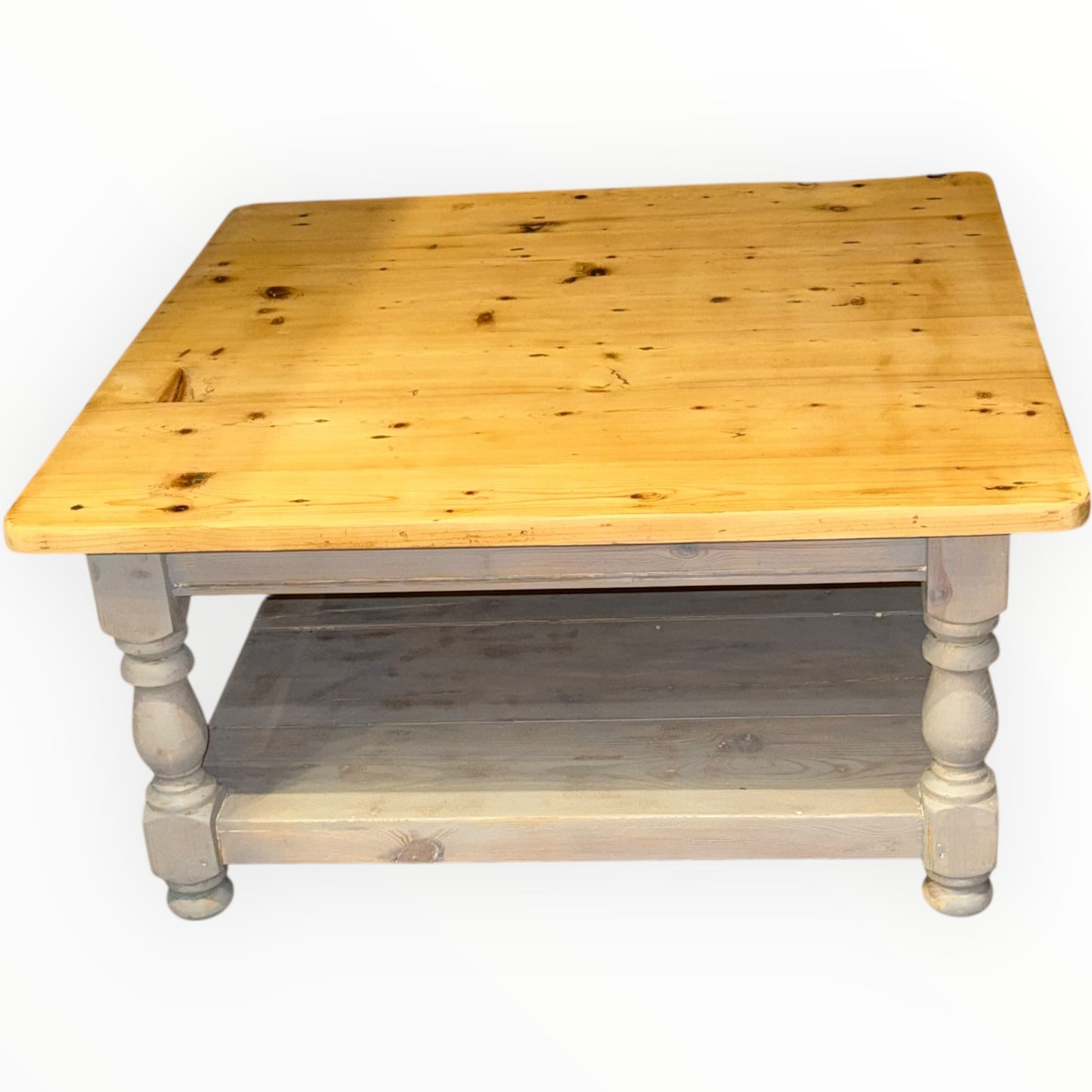 Vintage Rustic Solid Pine Square Coffee Table | Natural Waxed Top & Grey Base
