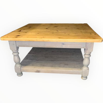 Vintage Rustic Solid Pine Square Coffee Table | Natural Waxed Top & Grey Base