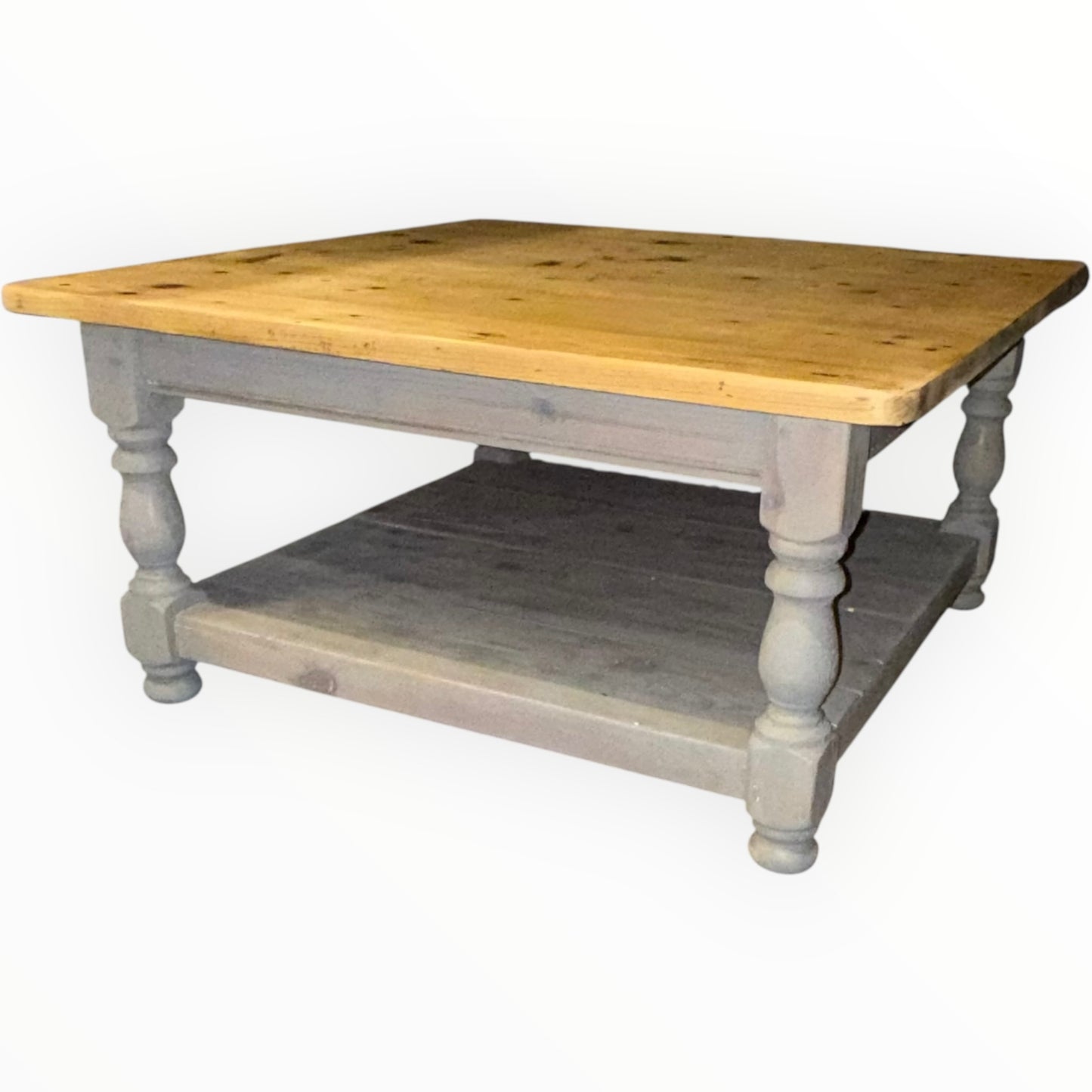Vintage Rustic Solid Pine Square Coffee Table | Natural Waxed Top & Grey Base