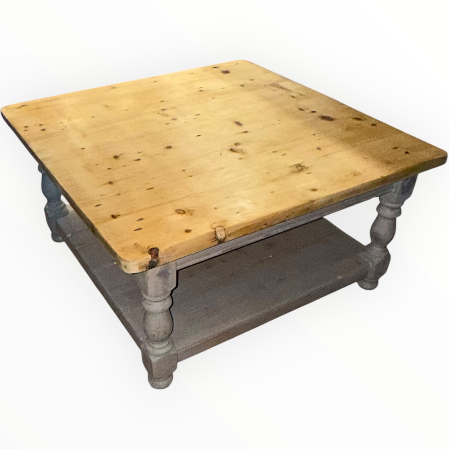 Vintage Rustic Solid Pine Square Coffee Table | Natural Waxed Top & Grey Base
