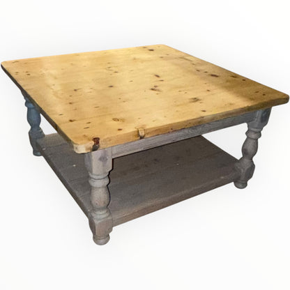 Vintage Rustic Solid Pine Square Coffee Table | Natural Waxed Top & Grey Base