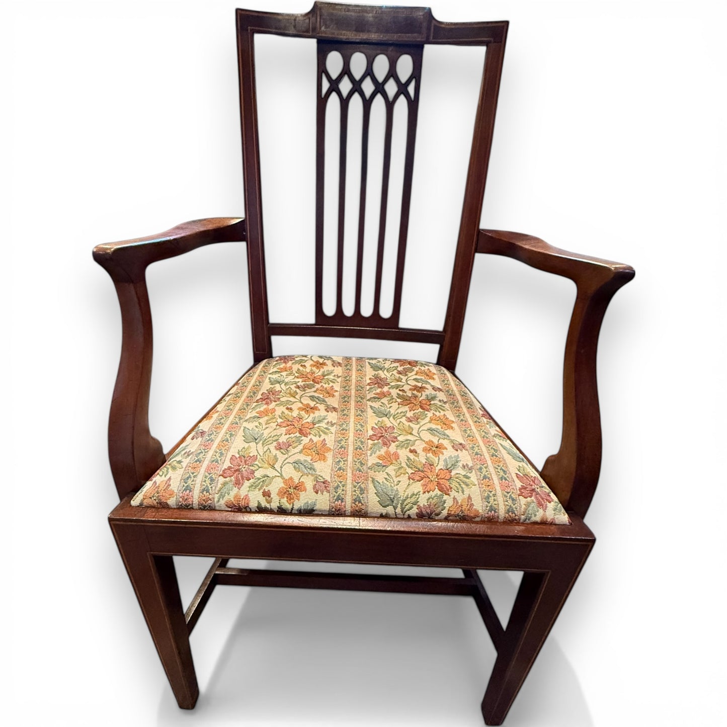 Set of Eight Edwardian Inlaid Mahogany Dining Chairs Including Two Carvers