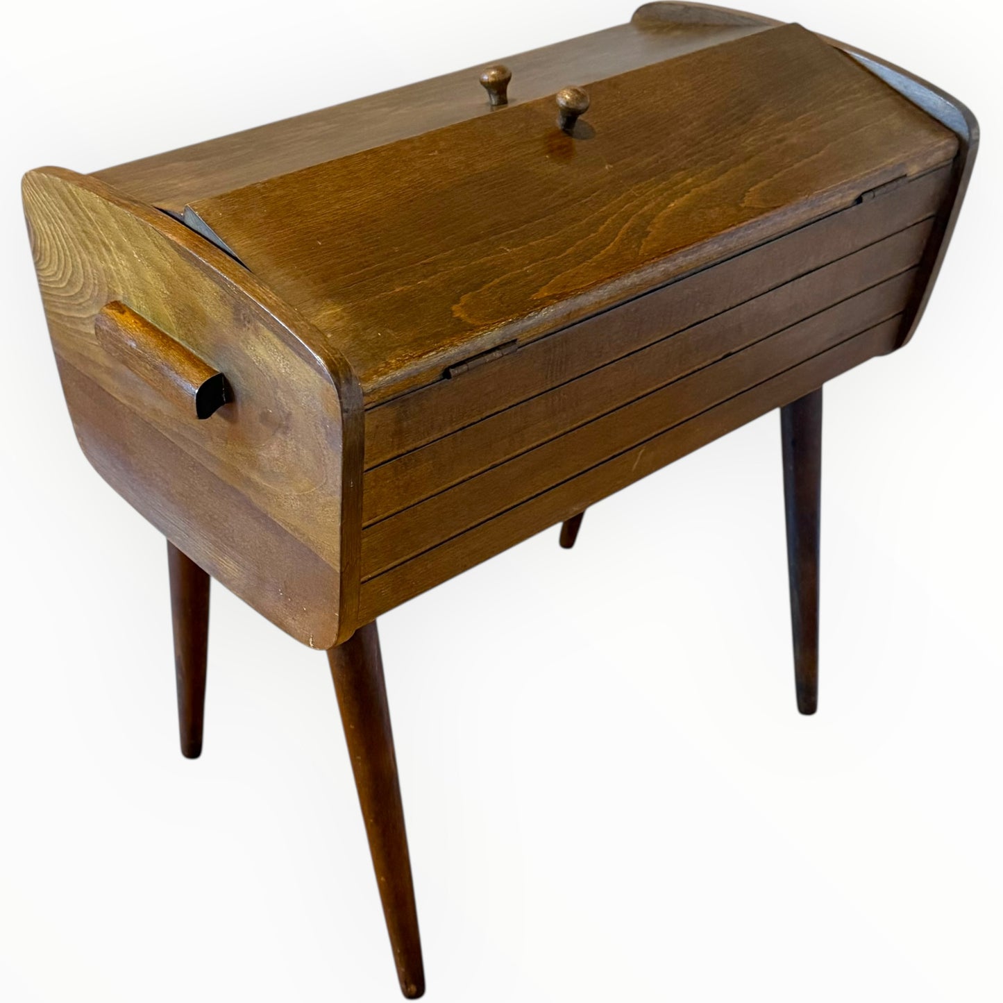 Mid Century Elm Sewing Box on Stand