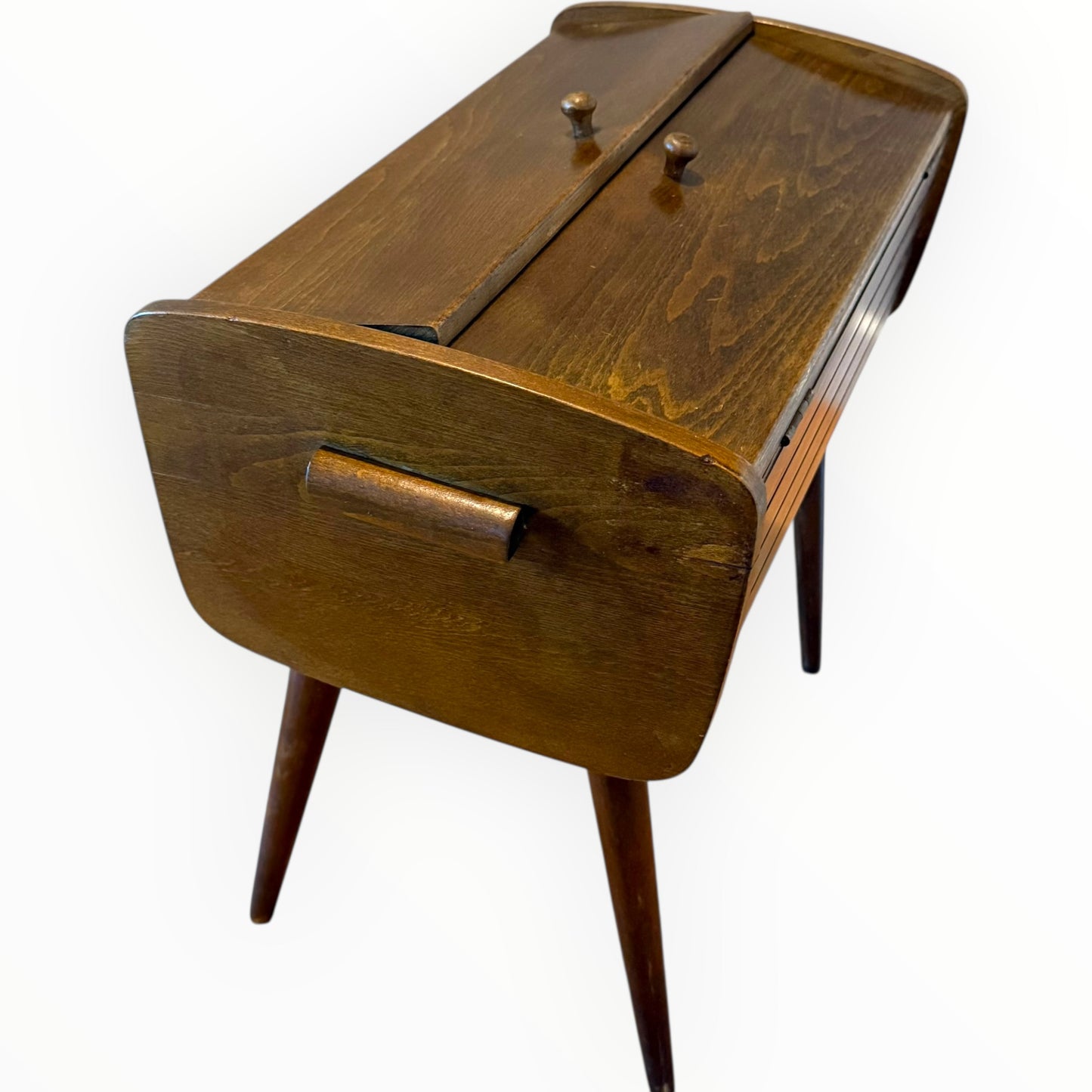 Mid Century Elm Sewing Box on Stand