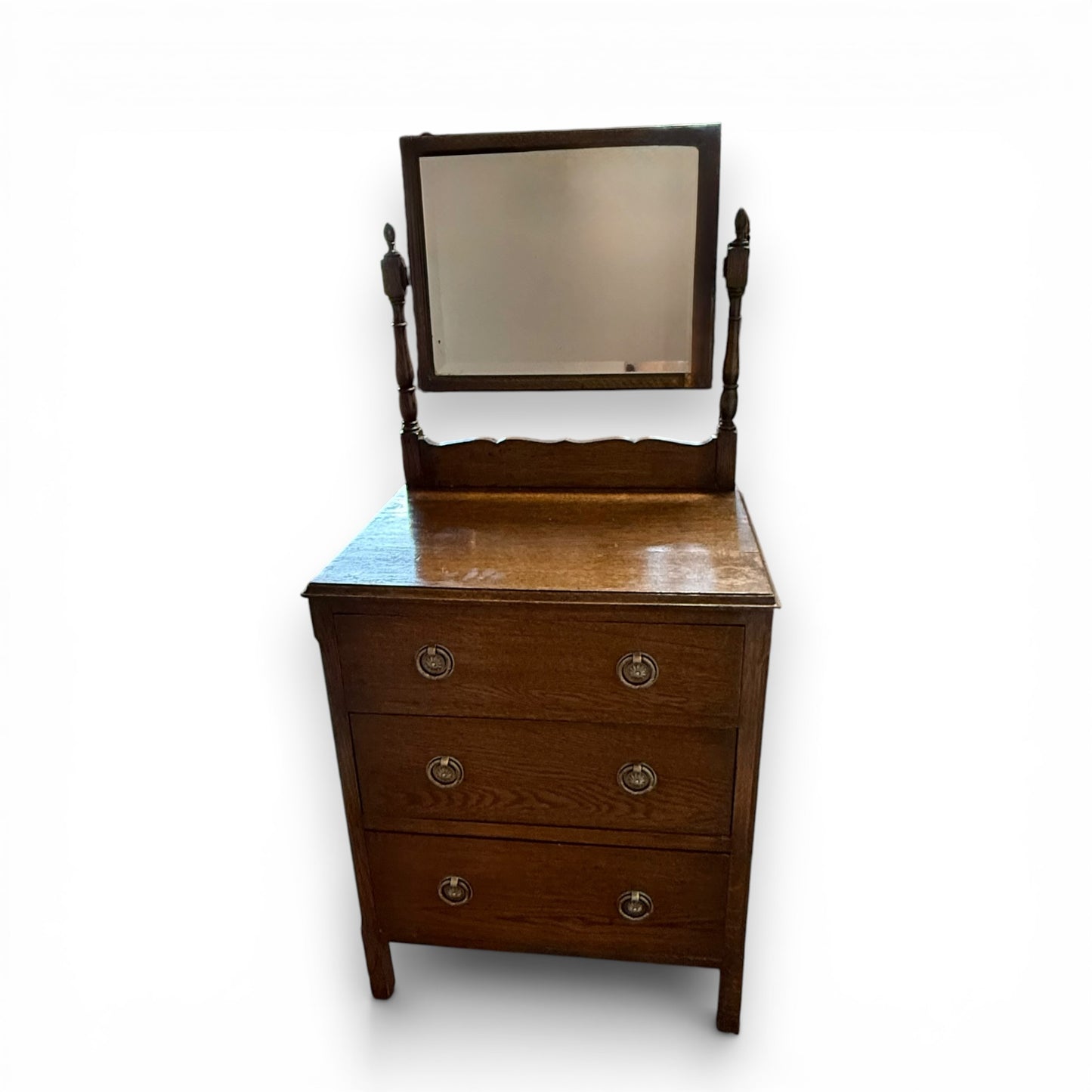 Antique Oak Dressing Table with Mirror and Three Drawers