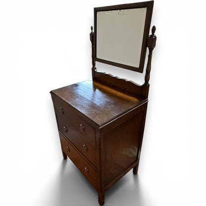 Antique Oak Dressing Table with Mirror and Three Drawers
