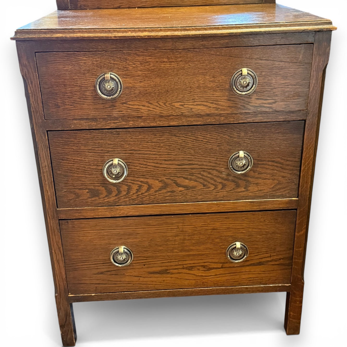 Antique Oak Dressing Table with Mirror and Three Drawers
