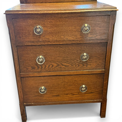 Antique Oak Dressing Table with Mirror and Three Drawers