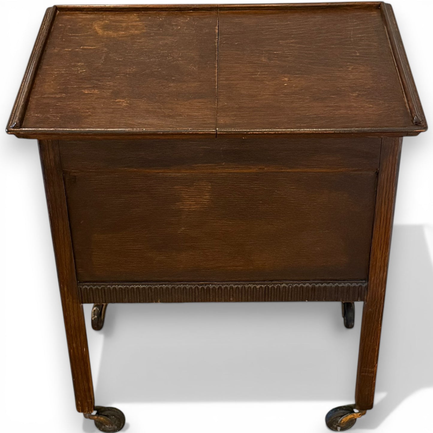 Antique Oak Sewing Work Box Table with Sliding Top on Castors