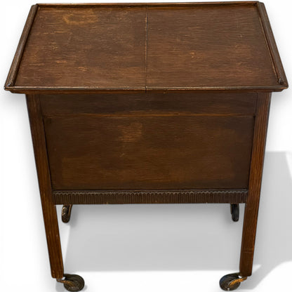 Antique Oak Sewing Work Box Table with Sliding Top on Castors