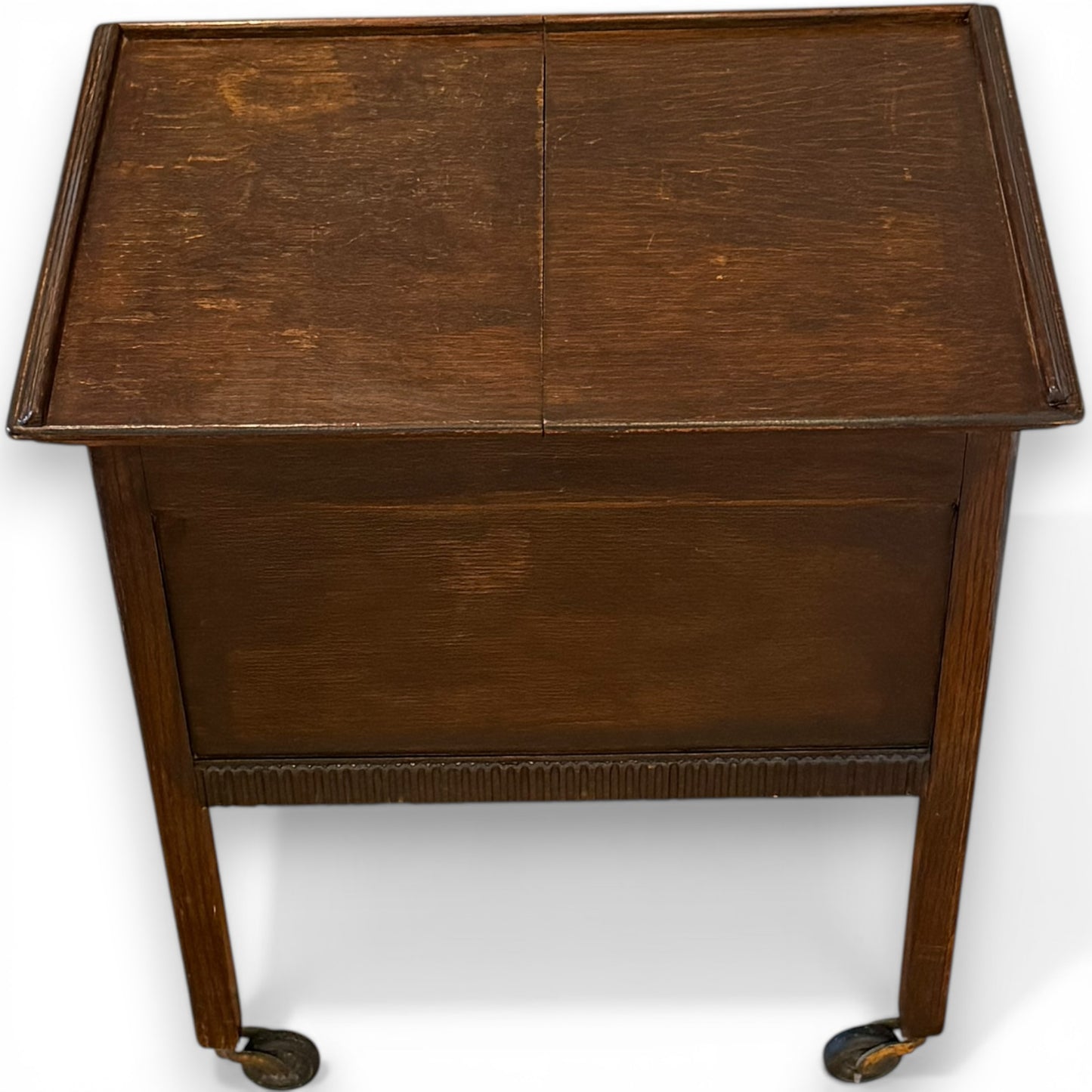 Antique Oak Sewing Work Box Table with Sliding Top on Castors