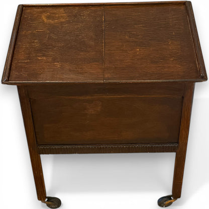 Antique Oak Sewing Work Box Table with Sliding Top on Castors