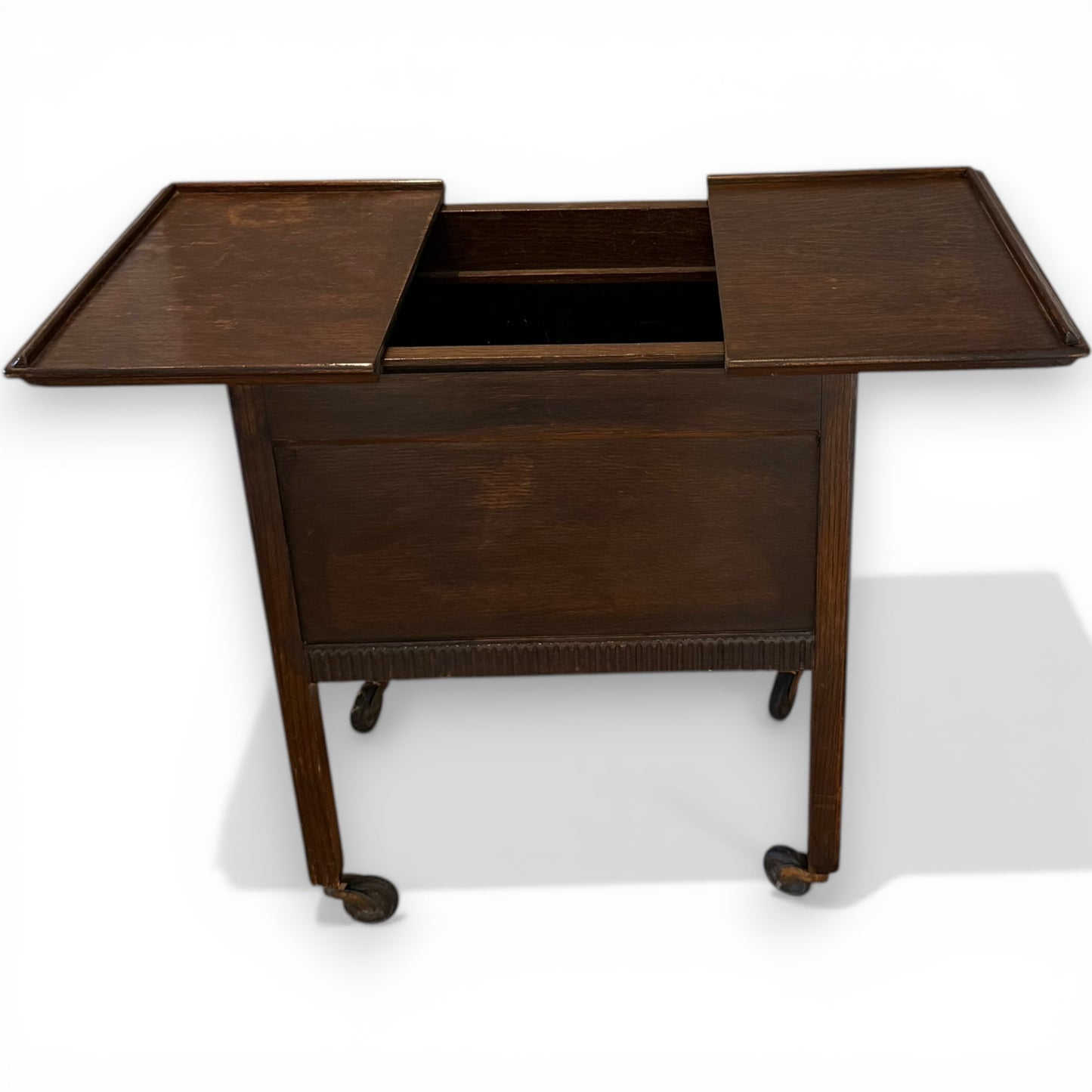 Antique Oak Sewing Work Box Table with Sliding Top on Castors