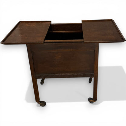 Antique Oak Sewing Work Box Table with Sliding Top on Castors
