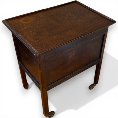 Antique Oak Sewing Work Box Table with Sliding Top on Castors