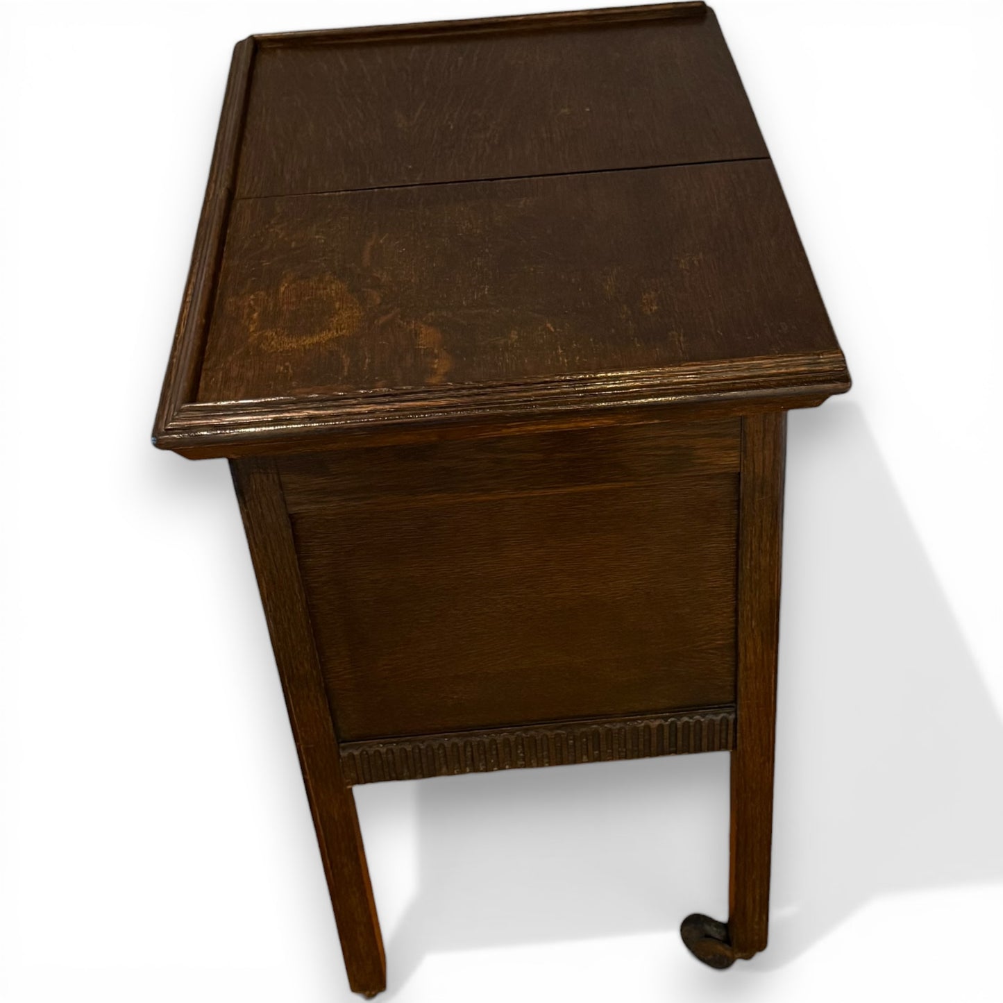 Antique Oak Sewing Work Box Table with Sliding Top on Castors