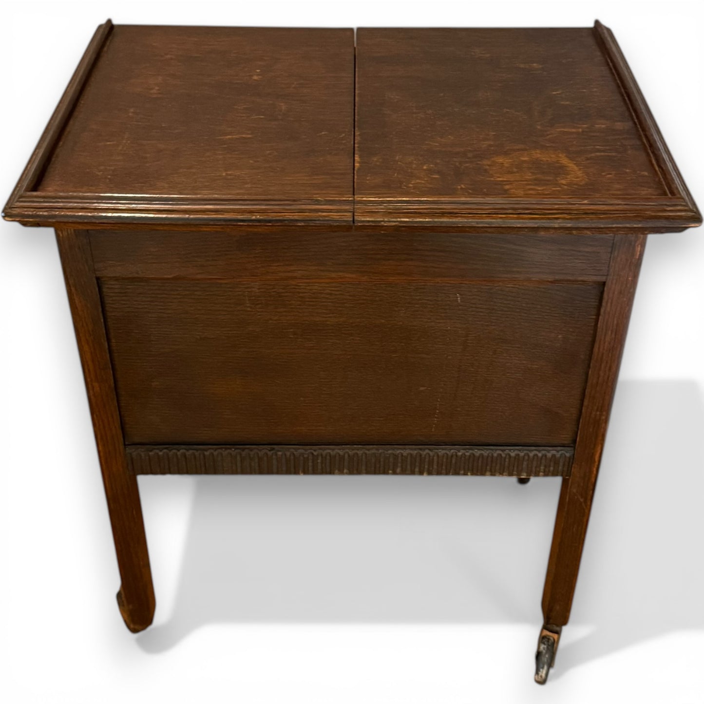 Antique Oak Sewing Work Box Table with Sliding Top on Castors
