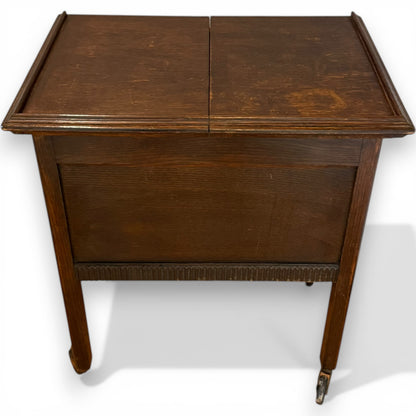 Antique Oak Sewing Work Box Table with Sliding Top on Castors