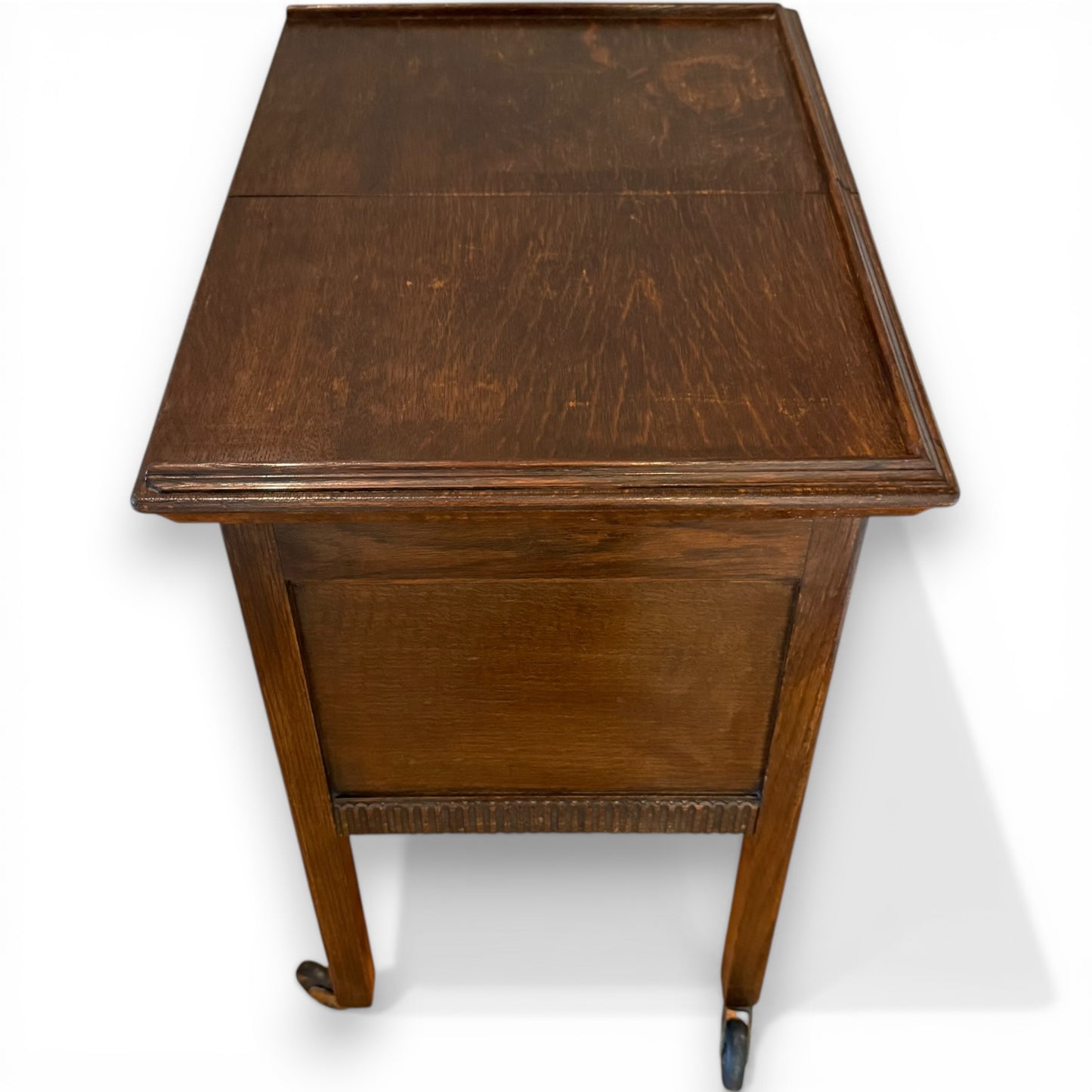 Antique Oak Sewing Work Box Table with Sliding Top on Castors