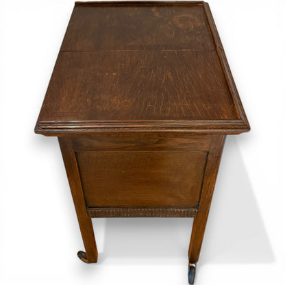 Antique Oak Sewing Work Box Table with Sliding Top on Castors