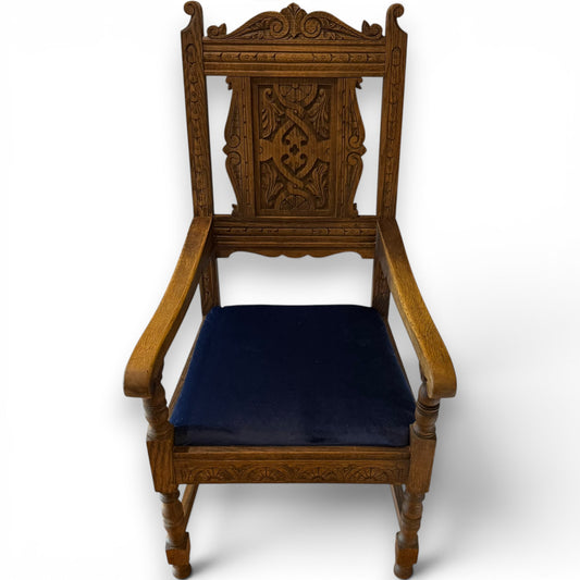 Vintage Carved Oak Gothic Revival Armchair with Blue Upholstered Seat