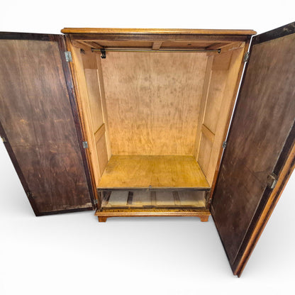 Antique Art Nouveau Gentleman’s Wardrobe | Mahogany Armoire with Floral Inlay | Compact Bedroom Wardrobe