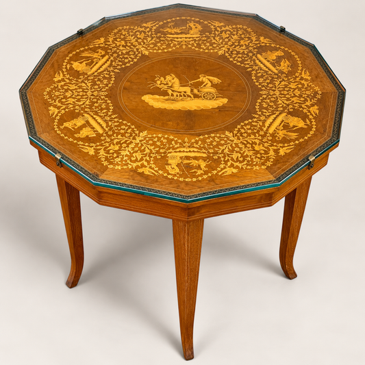 Antique Inlaid Marquetry Occasional Table with Classical Chariot Decoration