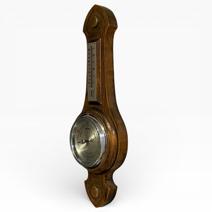 Early 20th Century Oak Aneroid Barometer & Thermometer Wall Plaque