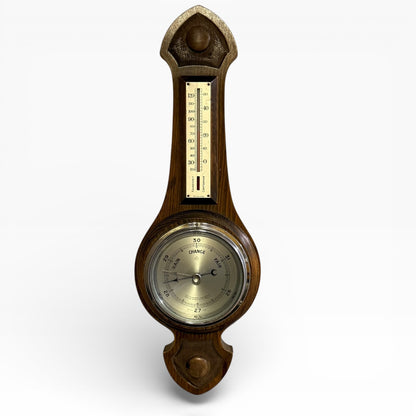 Early 20th Century Oak Aneroid Barometer & Thermometer Wall Plaque