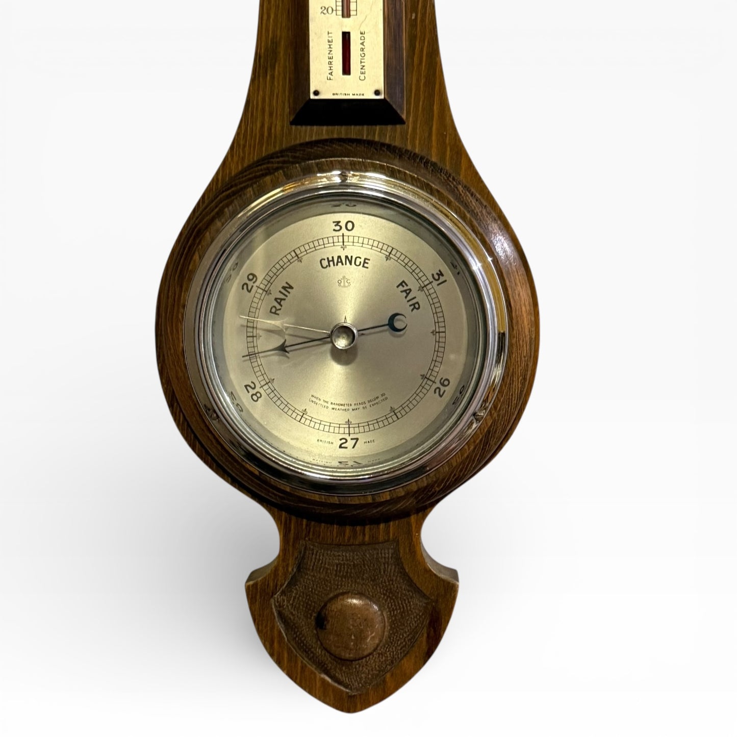 Early 20th Century Oak Aneroid Barometer & Thermometer Wall Plaque