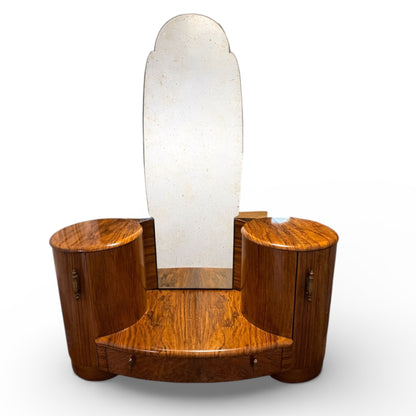 Shrager Art Deco Burr Walnut Dressing Table with Mirror & Curved Side Cabinets | 1930s